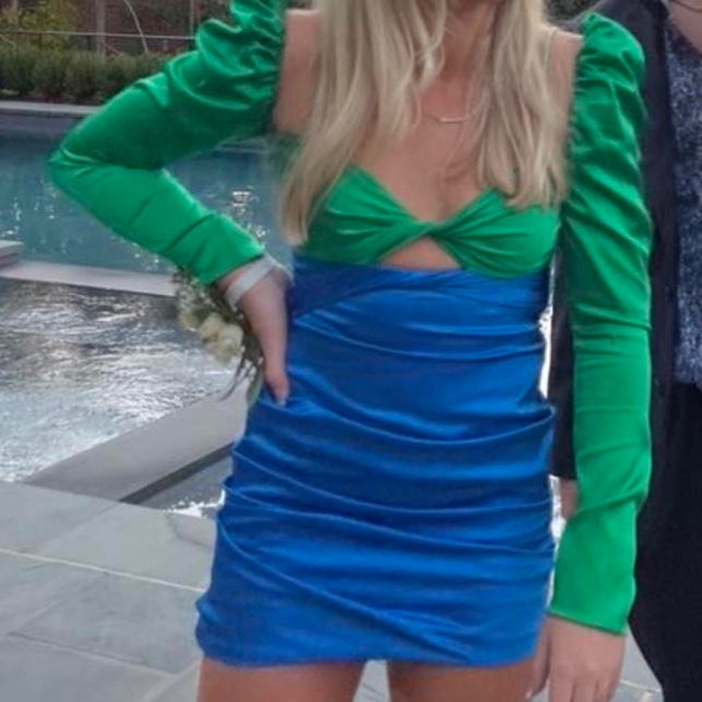 The Bar green and blue silk mini dress